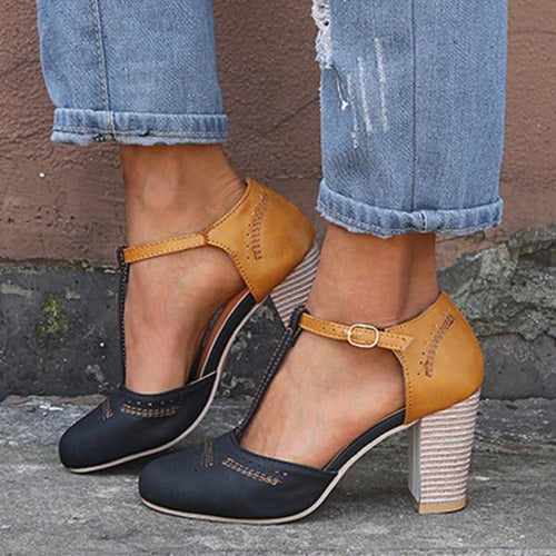 Caliora | Women's T Strap Block Heels – Vintage Elegant Comfort Fit-Women's Heeled Sandals-Black-3-