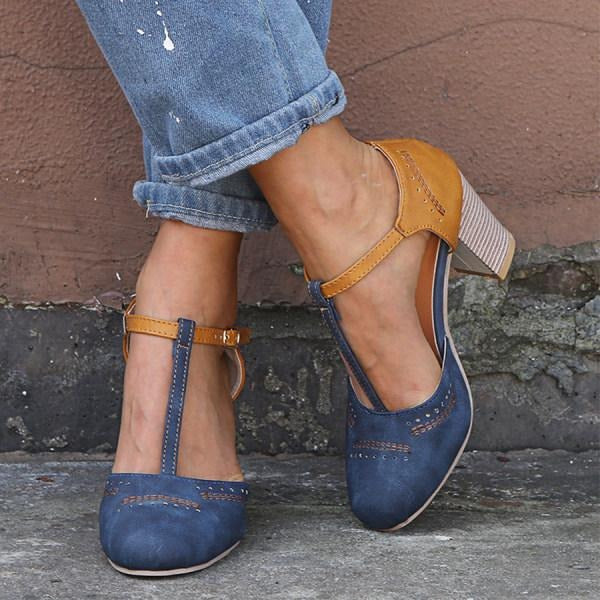Caliora | Women's T Strap Block Heels – Vintage Elegant Comfort Fit-Women's Heeled Sandals-Blue-3-