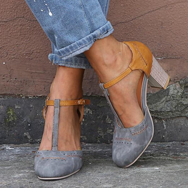 Caliora | Women's T Strap Block Heels – Vintage Elegant Comfort Fit-Women's Heeled Sandals-Grey-3-