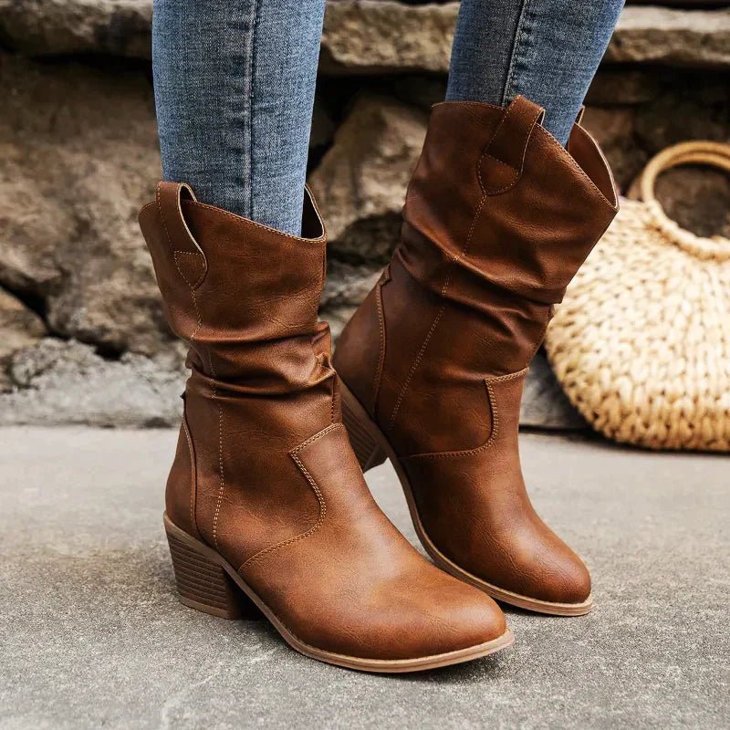 Alouette | Women's Slouch Ankle Boots – Mid Heel Western Comfort Fit-Women's Ankle Boots-Brown-4-