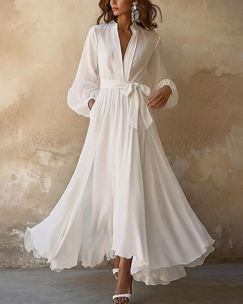 Eluné | Pleated Maxi Dress for Women - V Neck Long Sleeve Flowy Cinched Elegant Fit-Dresses-White-S-Camoufit