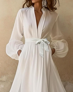Eluné | Pleated Maxi Dress for Women - V Neck Long Sleeve Flowy Cinched Elegant Fit-Dresses-White-S-Camoufit