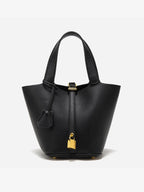 Lunessa | Women's Taupe Bucket Bag with Gold Hardware Padlock Top Handle Structured Mini Handbag-Handbag-Black-Camoufit