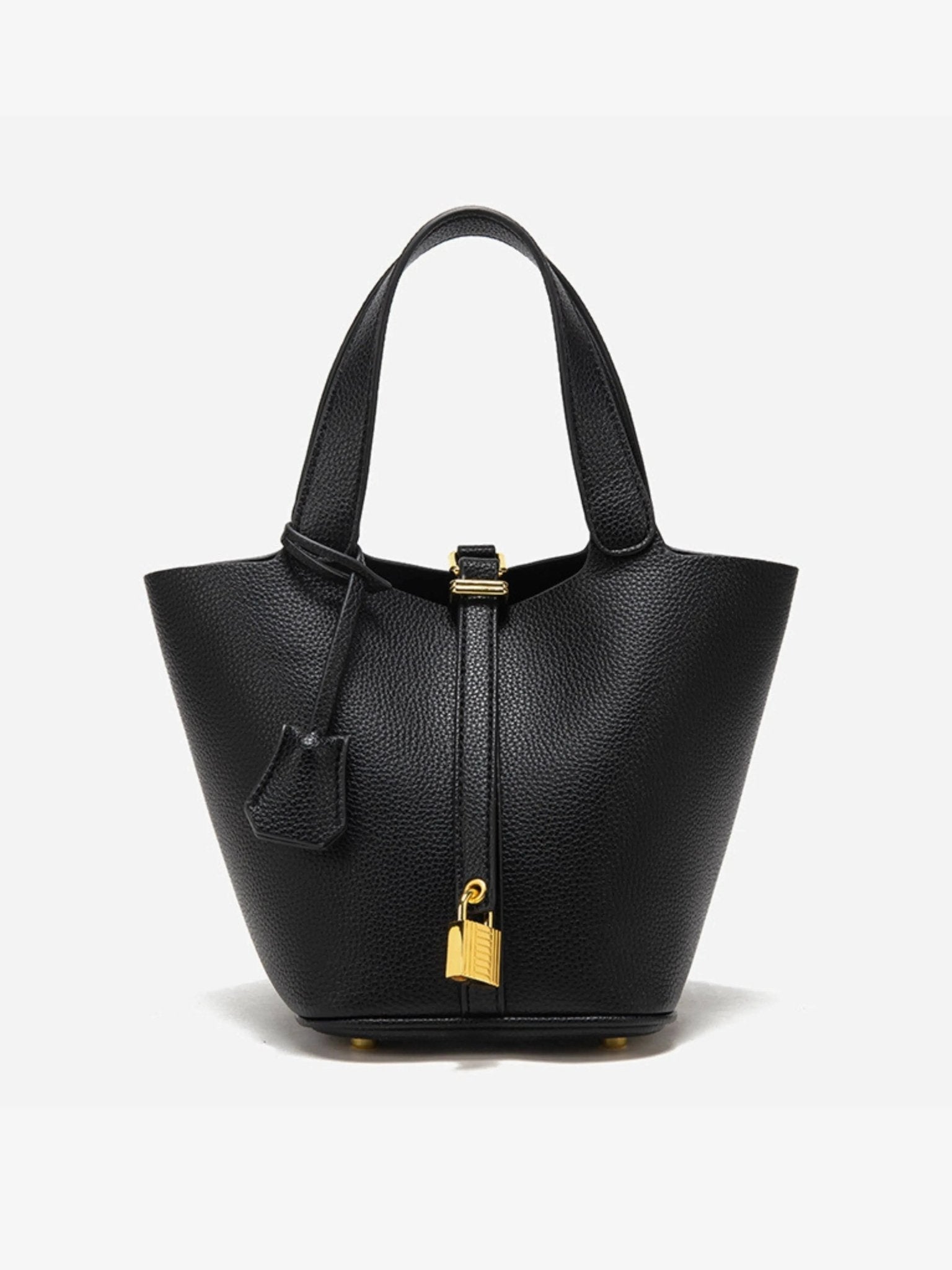 Lunessa | Women's Taupe Bucket Bag with Gold Hardware Padlock Top Handle Structured Mini Handbag-Handbag-Black-Camoufit