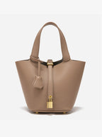 Lunessa | Women's Taupe Bucket Bag with Gold Hardware Padlock Top Handle Structured Mini Handbag-Handbag-Taupe-Camoufit