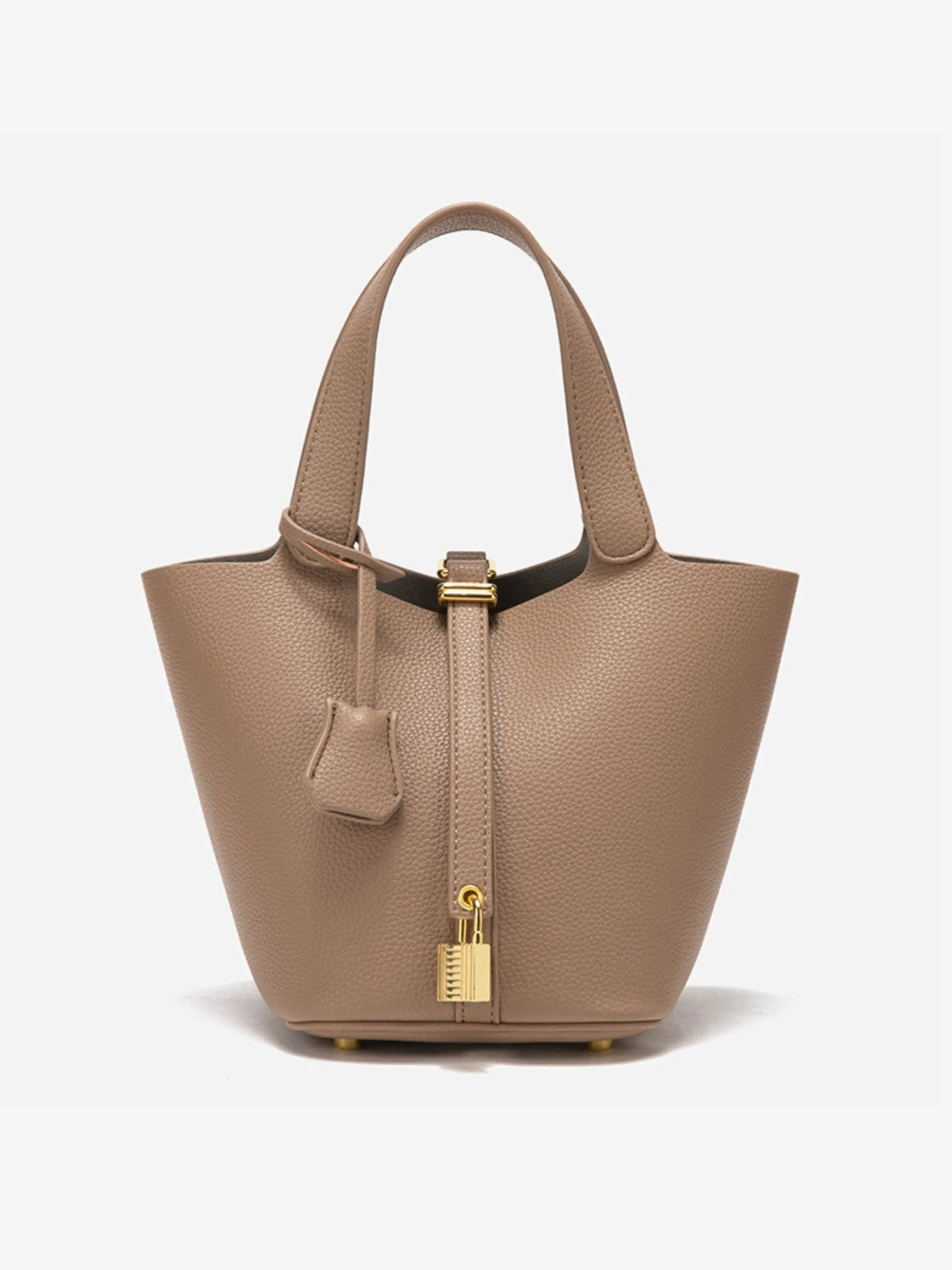 Lunessa | Women's Taupe Bucket Bag with Gold Hardware Padlock Top Handle Structured Mini Handbag-Handbag-Taupe-Camoufit