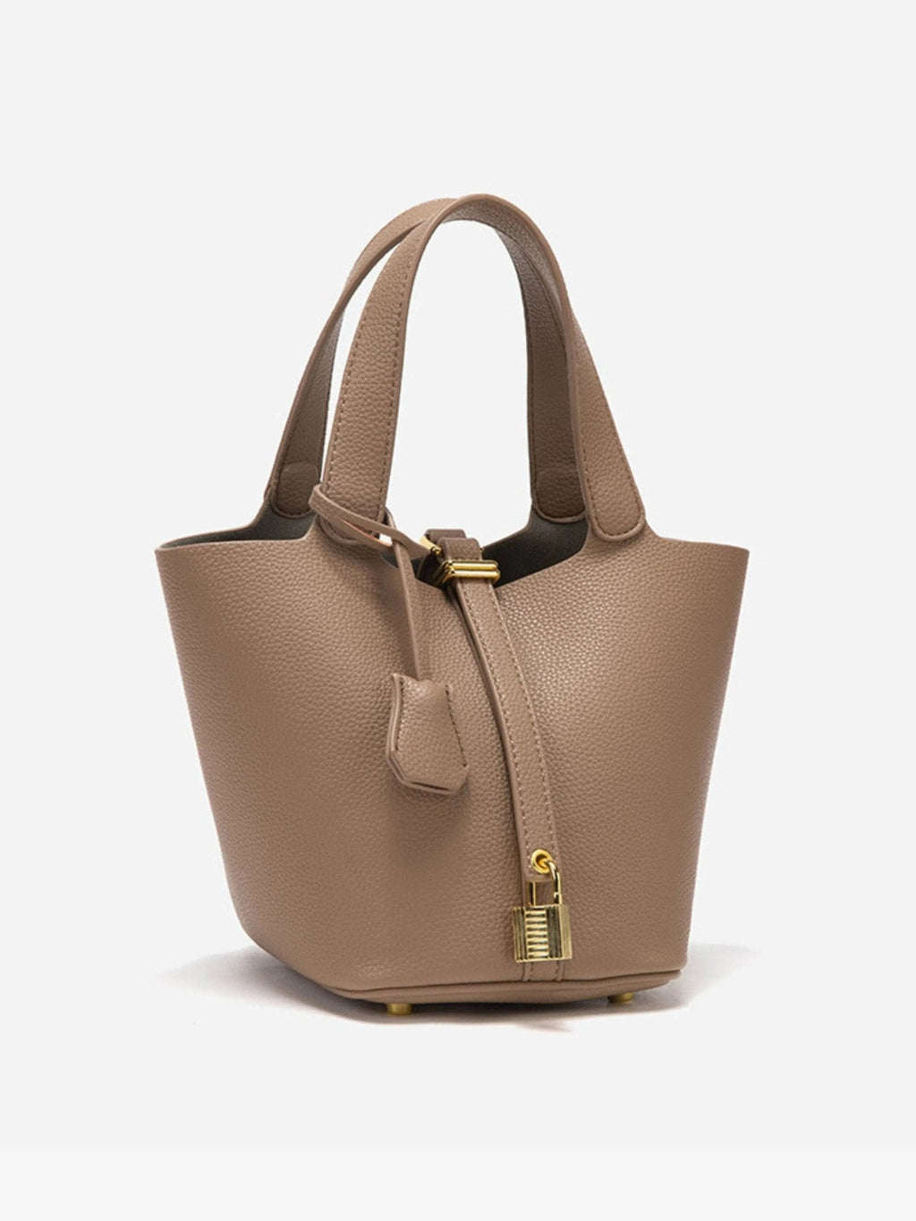 Lunessa | Women's Taupe Bucket Bag with Gold Hardware Padlock Top Handle Structured Mini Handbag-Handbag-Black-Camoufit