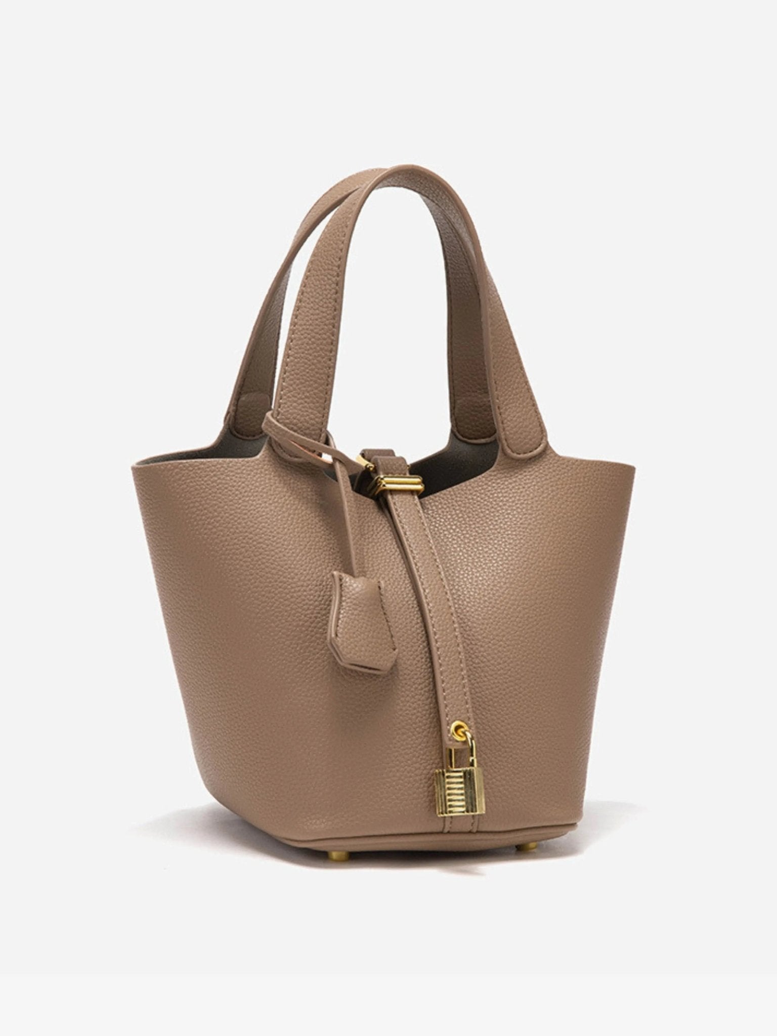 Lunessa | Women's Taupe Bucket Bag with Gold Hardware Padlock Top Handle Structured Mini Handbag-Handbag-Black-Camoufit