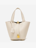 Lunessa | Women's Taupe Bucket Bag with Gold Hardware Padlock Top Handle Structured Mini Handbag-Handbag-Cream-Camoufit