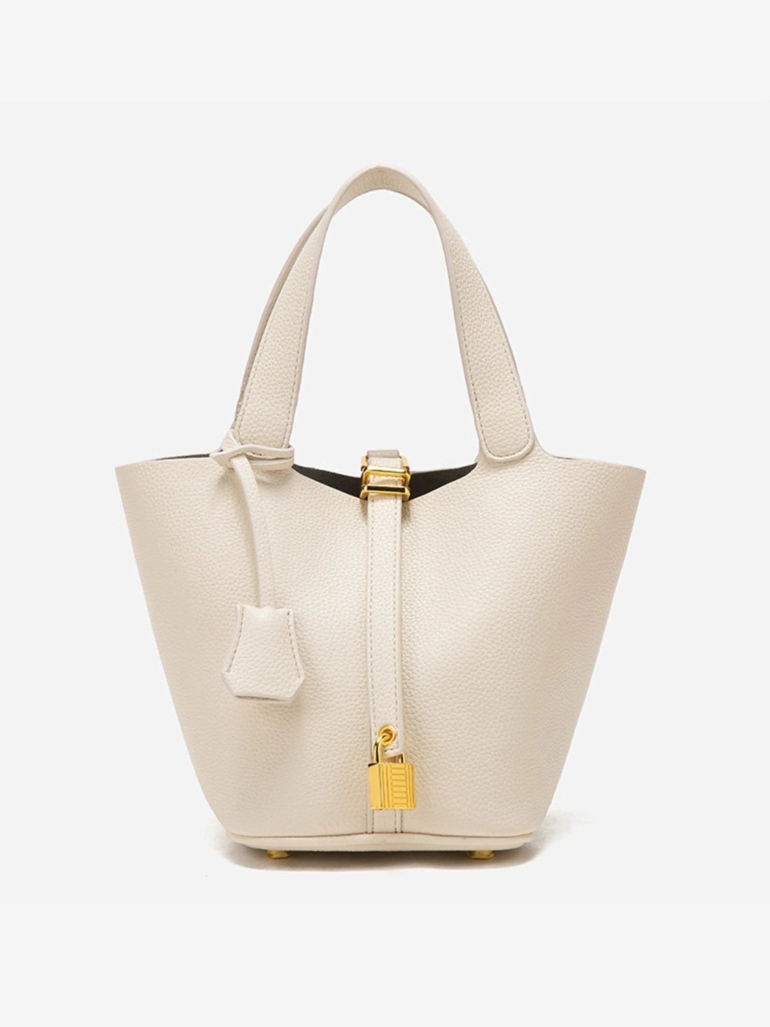 Lunessa | Women's Taupe Bucket Bag with Gold Hardware Padlock Top Handle Structured Mini Handbag-Handbag-Cream-Camoufit
