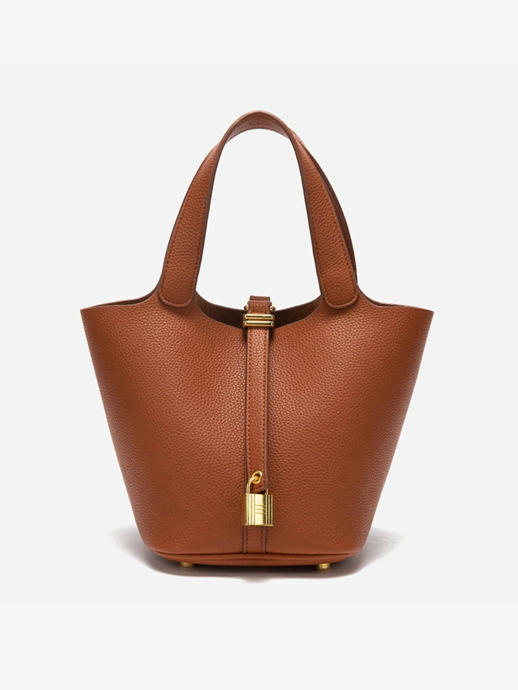Lunessa | Women's Taupe Bucket Bag with Gold Hardware Padlock Top Handle Structured Mini Handbag-Handbag-Brown-Camoufit