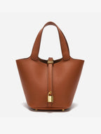 Lunessa | Women's Taupe Bucket Bag with Gold Hardware Padlock Top Handle Structured Mini Handbag-Handbag-Brown-Camoufit