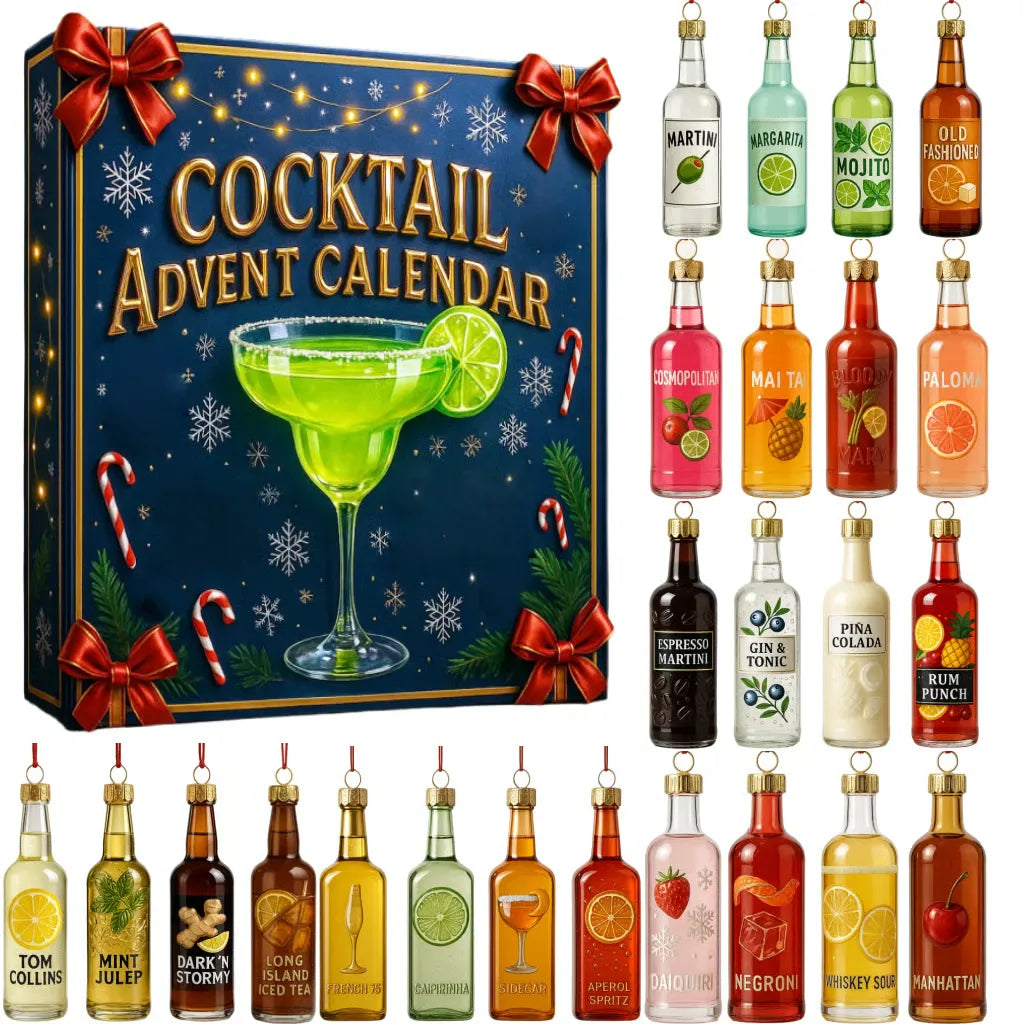 Cocktail advent calendar with mini bottle ornaments shown beside and on the box