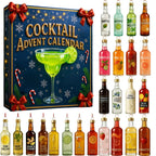 Cocktail advent calendar with mini bottle ornaments shown beside and on the box