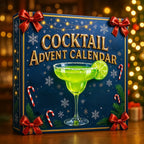 Cocktail advent calendar box with martini illustration, snowflakes, and red ribbon bows