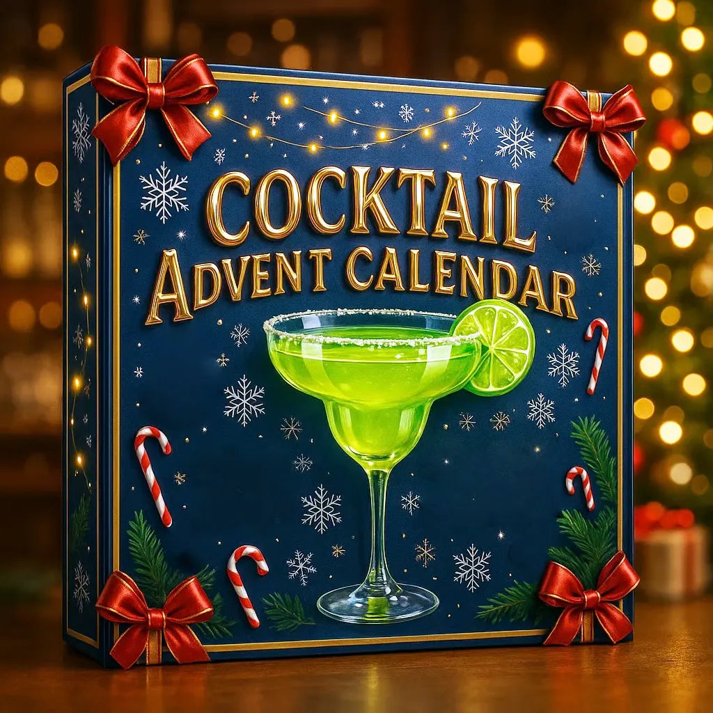 Cocktail advent calendar box with martini illustration, snowflakes, and red ribbon bows
