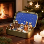 Nativity set figures in open blue star tin box with candle nearby