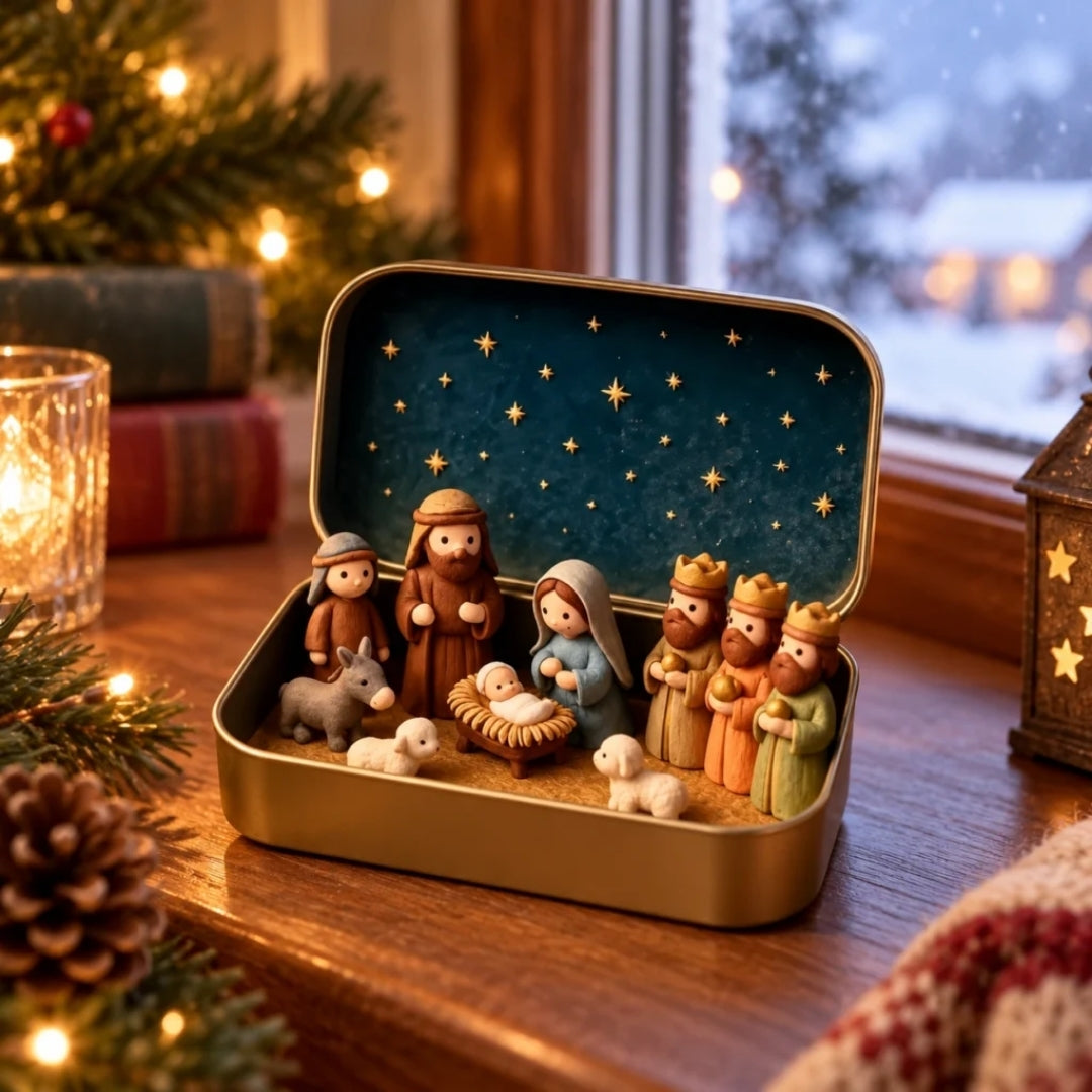 Nativity figures inside blue star tin box on wooden table