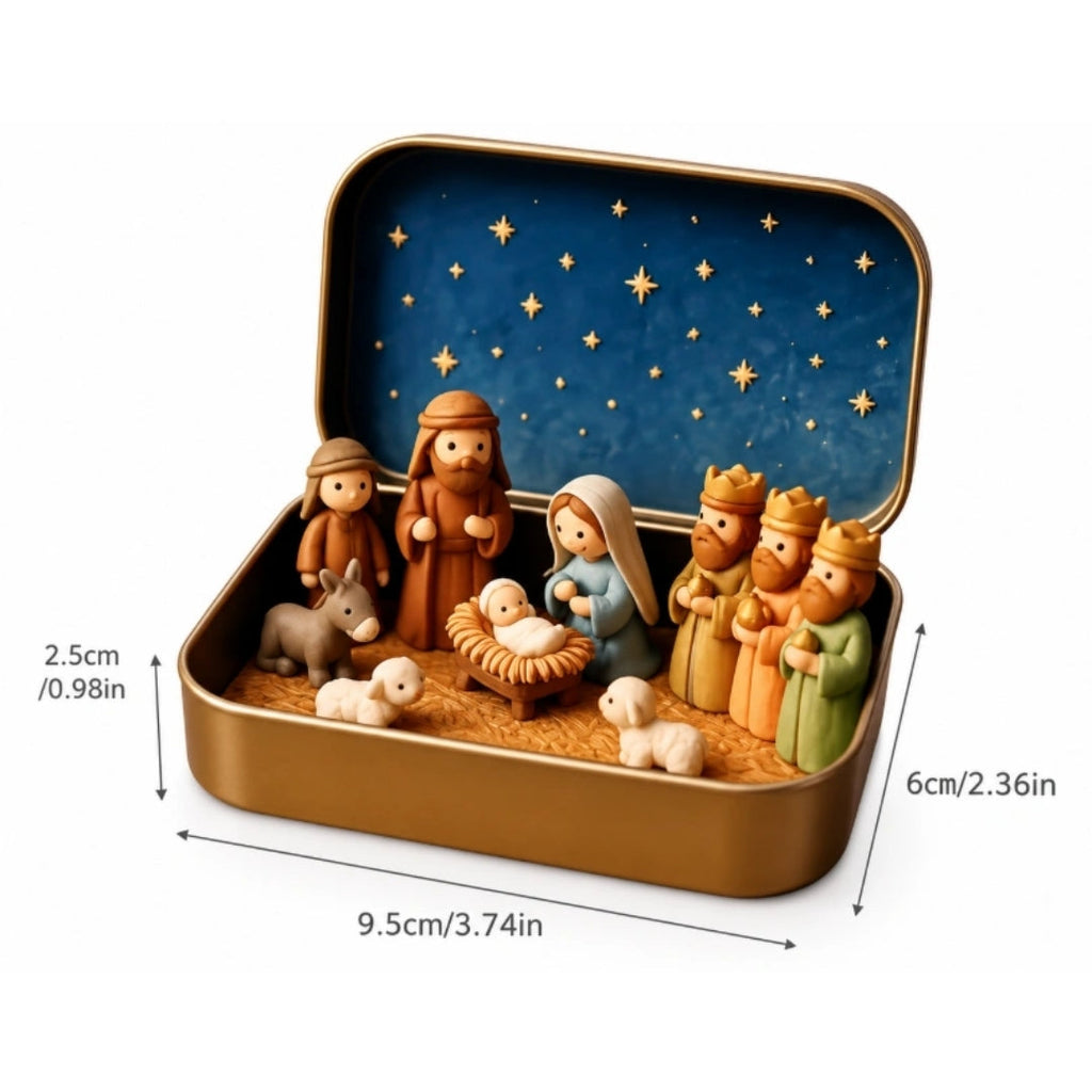 A miniature Christmas nativity scene displayed inside an open round metal tin with a blue starry sky interior. The set includes baby Jesus in a manger, Mary, Joseph, three wise men, animals, and a shepherd, with dimension labels showing 9.