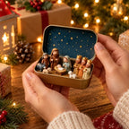 Mini nativity figures in blue star tin box, hand holding set