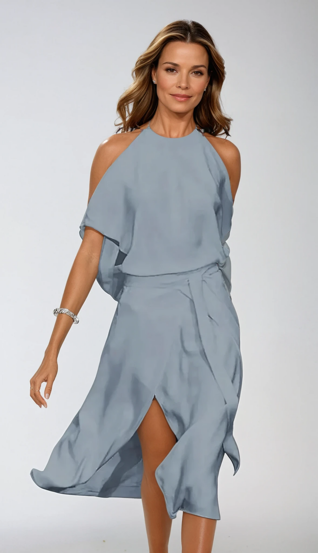 Madonna Women's Modern Dress with Shoulder Cutouts-Summer Dress-Gray-XS-Camoufit