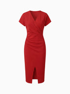 Maggiena Women's Festive Wedding Guest Midi Dress – Elegant V-Neck Style-Summer V-Neck Dress-Red-XS-Camoufit