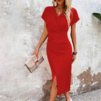 Maggiena Women's Festive Wedding Guest Midi Dress – Elegant V-Neck Style-Summer V-Neck Dress-Red-XS-Camoufit
