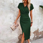 Maggiena Women's Festive Wedding Guest Midi Dress – Elegant V-Neck Style-Summer V-Neck Dress-Red-XS-Camoufit