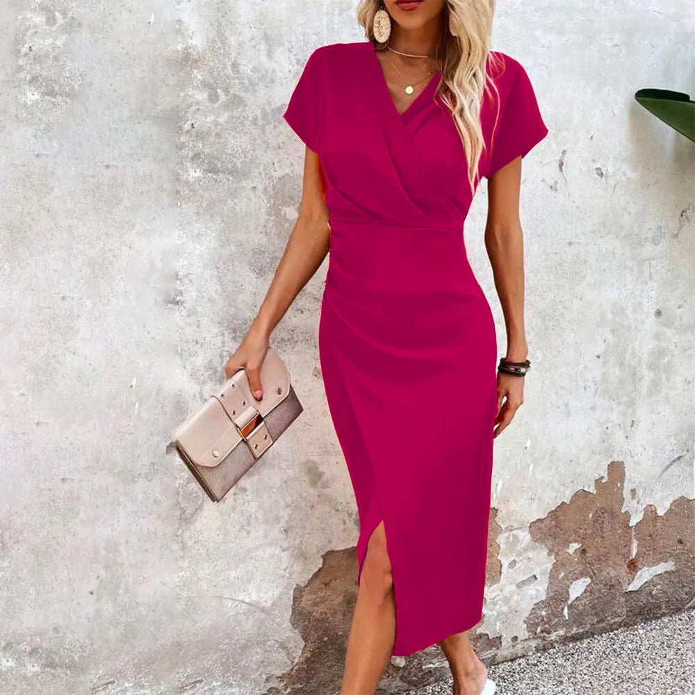 Maggiena Women's Festive Wedding Guest Midi Dress – Elegant V-Neck Style-Summer V-Neck Dress-Pink Red-L-Camoufit