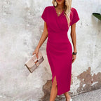 Maggiena Women's Festive Wedding Guest Midi Dress – Elegant V-Neck Style-Summer V-Neck Dress-Pink Red-L-Camoufit