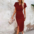 Maggiena Women's Festive Wedding Guest Midi Dress – Elegant V-Neck Style-Summer V-Neck Dress-Burgundy-XS-Camoufit