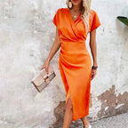 Maggiena Women's Festive Wedding Guest Midi Dress – Elegant V-Neck Style-Summer V-Neck Dress-Orange-XS-Camoufit