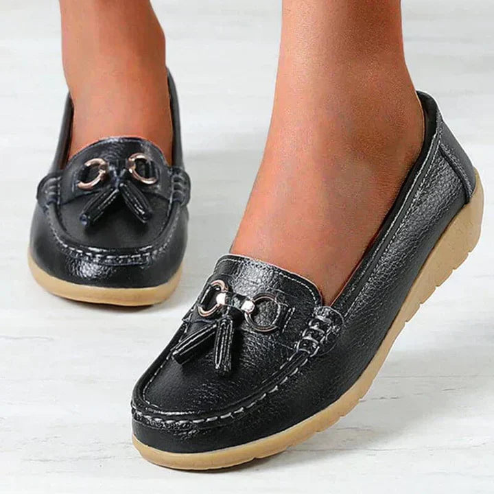 Orelia | Women's Leather Moccasins – Orthopedic Support Flexible Fit-Women's Loafers-Black-4-