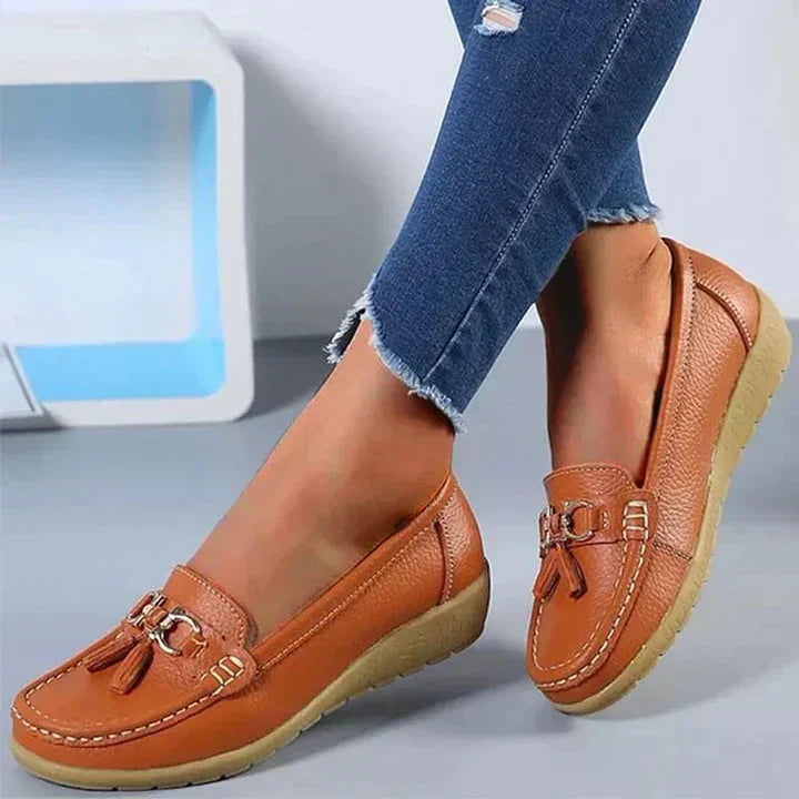 Orelia | Women's Leather Moccasins – Orthopedic Support Flexible Fit-Women's Loafers-Orange-4-