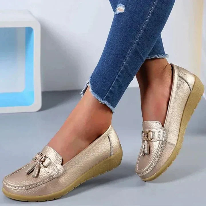 Orelia | Women's Leather Moccasins – Orthopedic Support Flexible Fit-Women's Loafers-Gold-4-