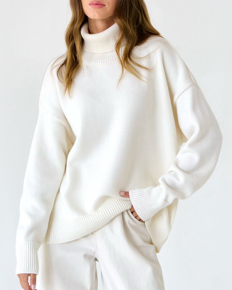 Yavina | Women's Oversized Roll Neck Skivvy Jumper Drop Shoulder Ribbed Knit Cosy Pullover-Women's Sweater-White-S-