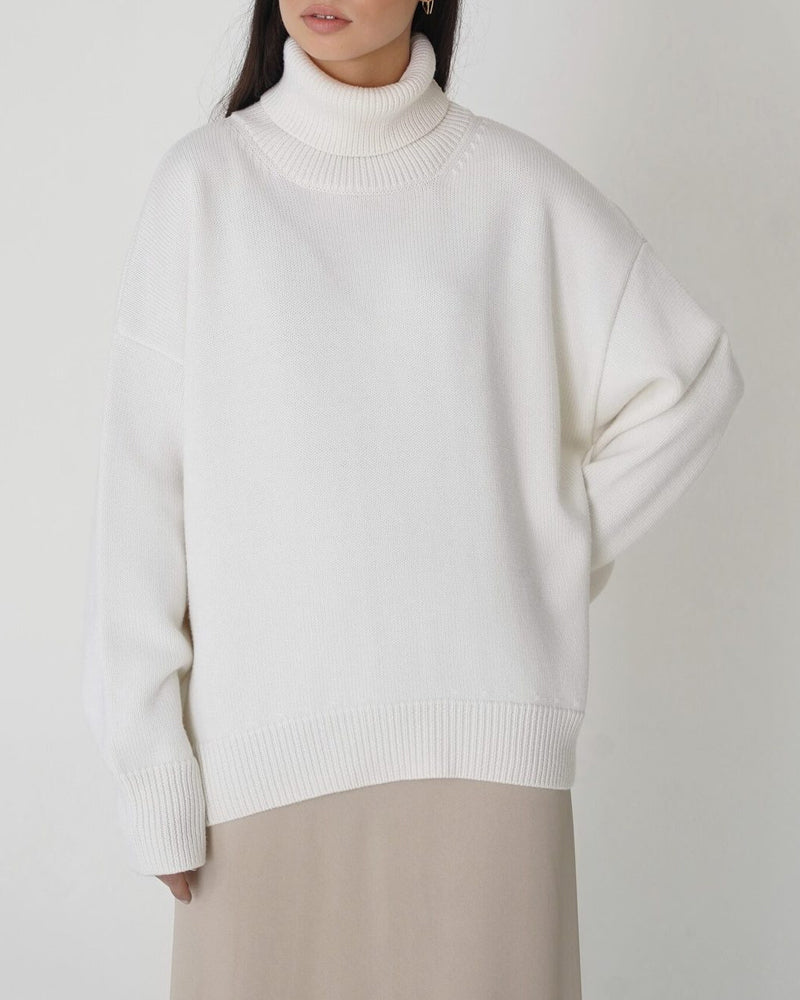 Yavina | Women's Oversized Roll Neck Skivvy Jumper Drop Shoulder Ribbed Knit Cosy Pullover-Women's Sweater-White-S-