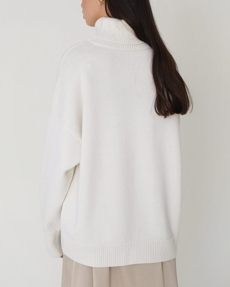 Yavina | Women's Oversized Roll Neck Skivvy Jumper Drop Shoulder Ribbed Knit Cosy Pullover-Women's Sweater-White-S-