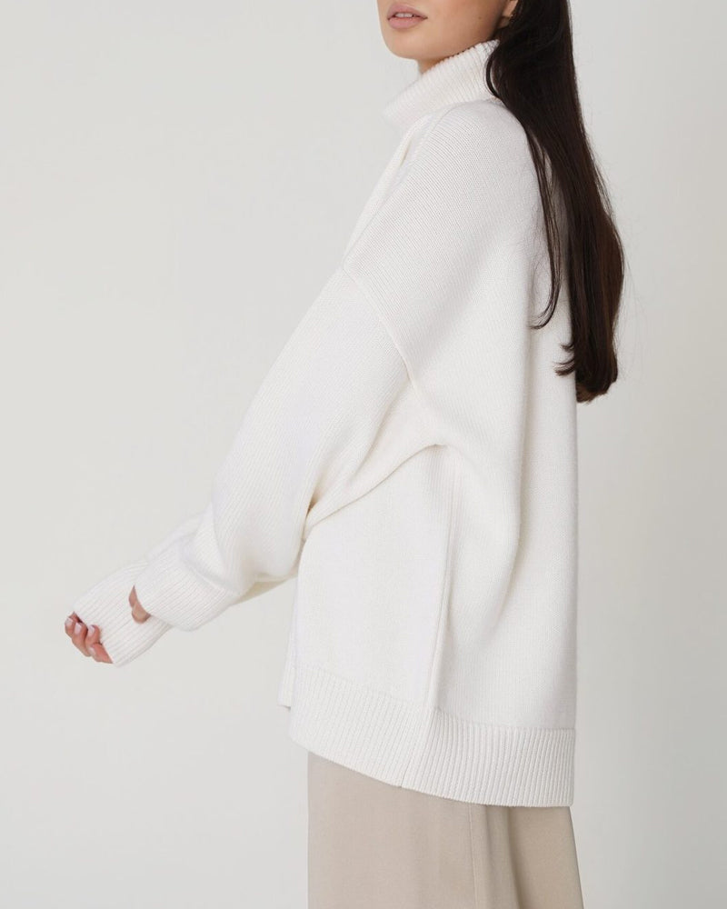 Yavina | Women's Oversized Roll Neck Skivvy Jumper Drop Shoulder Ribbed Knit Cosy Pullover-Women's Sweater-White-S-