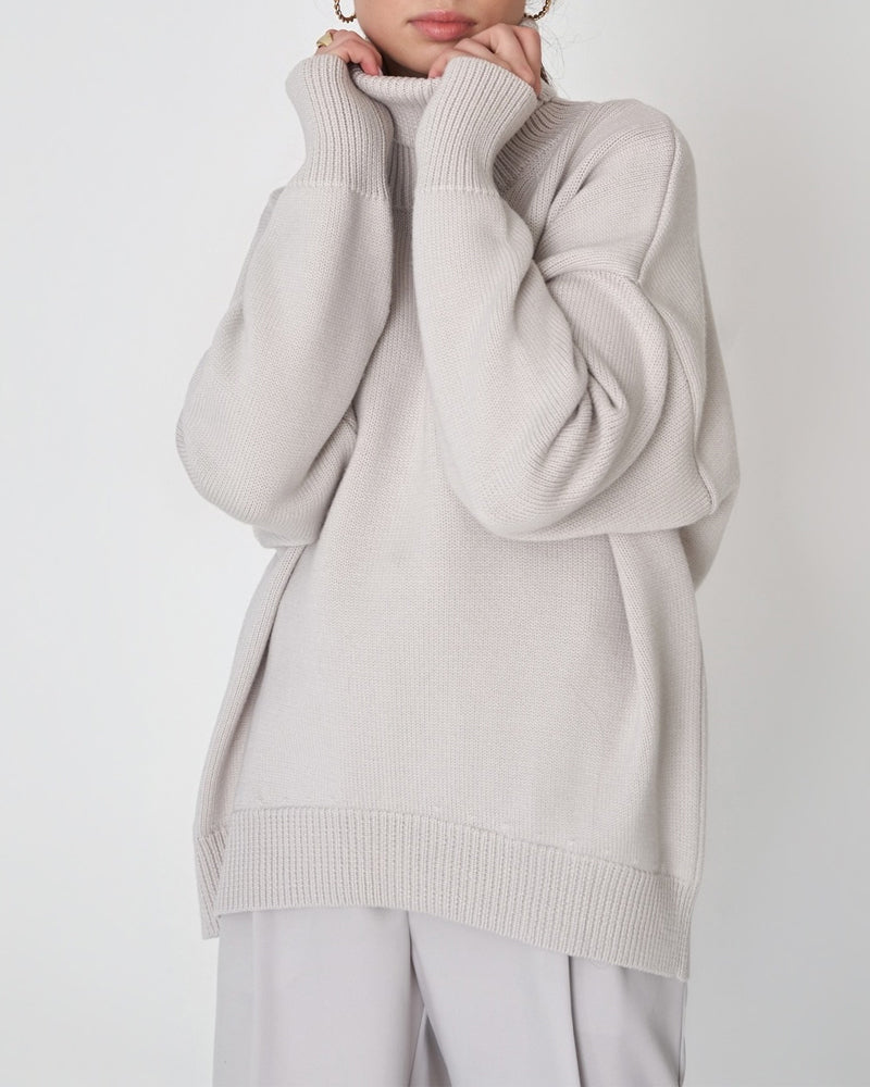 Yavina | Women's Oversized Roll Neck Skivvy Jumper Drop Shoulder Ribbed Knit Cosy Pullover-Women's Sweater-Light Gray-S-