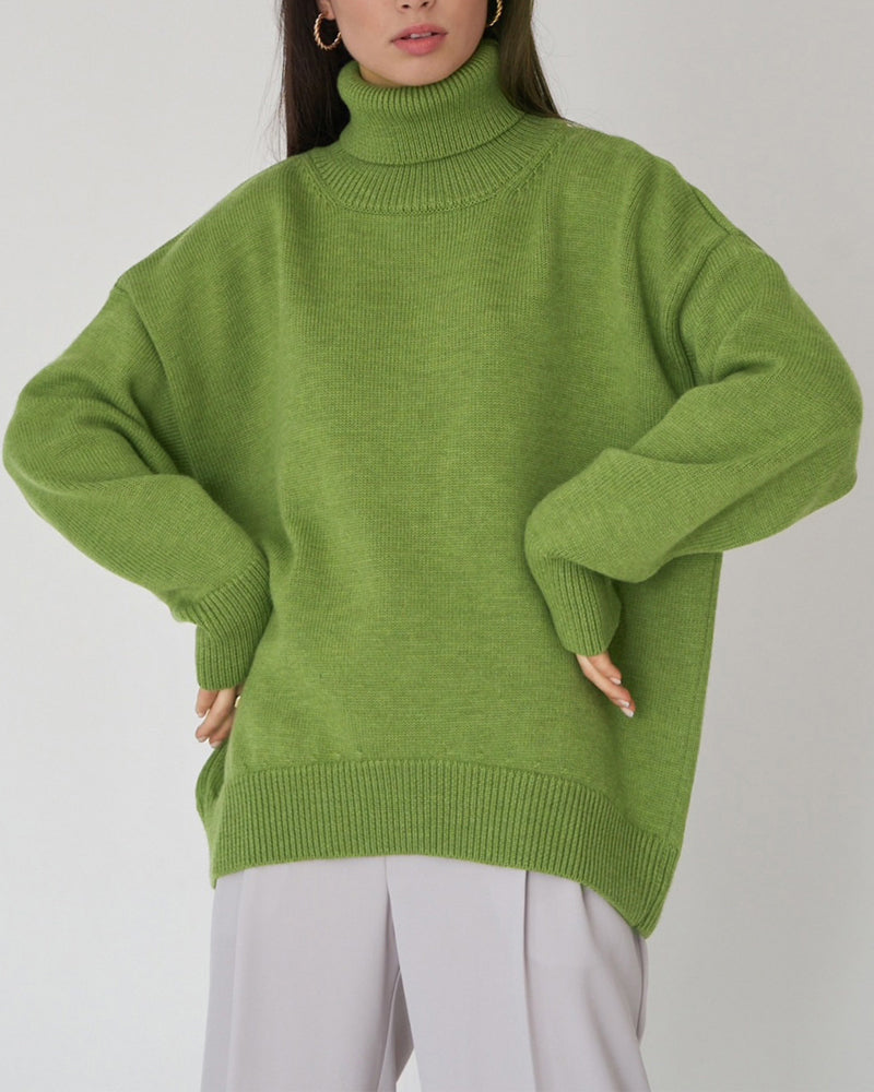 Yavina | Women's Oversized Roll Neck Skivvy Jumper Drop Shoulder Ribbed Knit Cosy Pullover-Women's Sweater-Green-S-