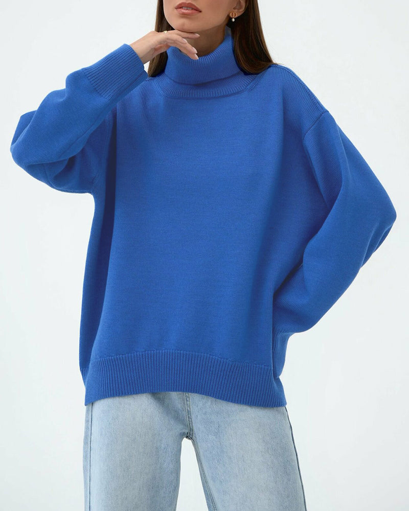 Yavina | Women's Oversized Roll Neck Skivvy Jumper Drop Shoulder Ribbed Knit Cosy Pullover-Women's Sweater-Blue-S-