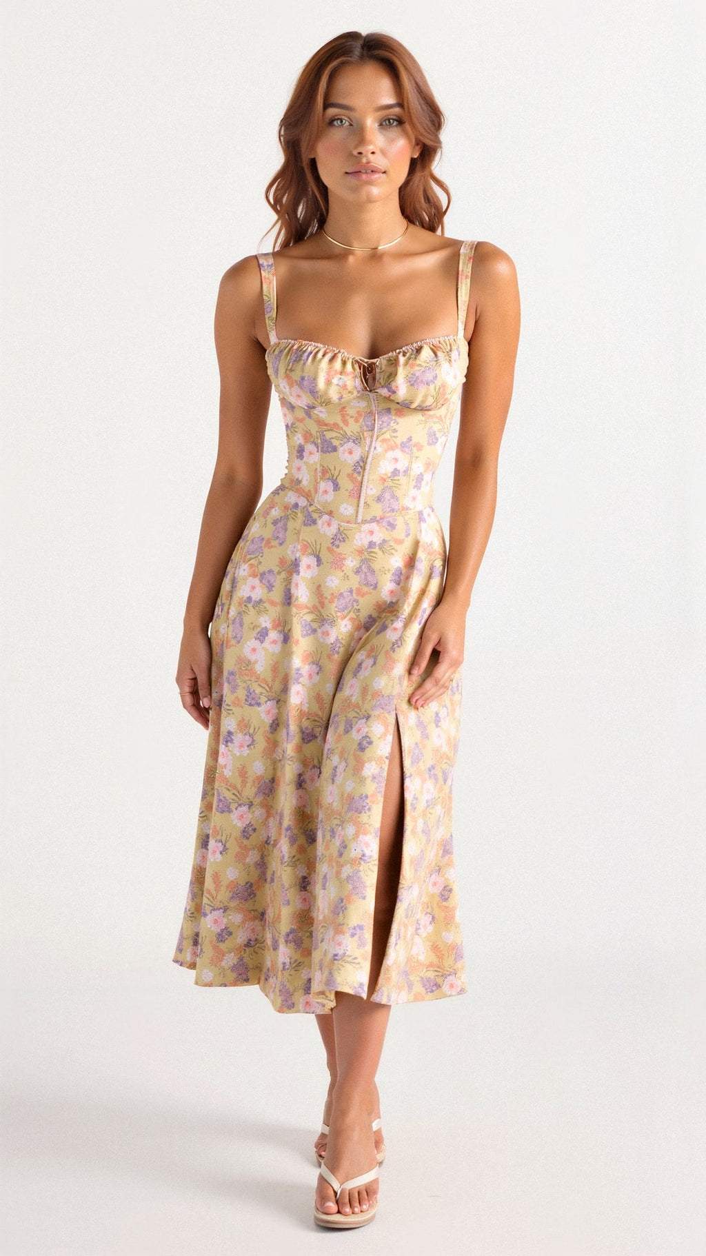 Women's Elegant Figure-Flattering Corset Midi Dress with Fitted Bodice and Flowing Skirt-Summer Dress-Yellow-S-