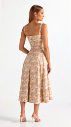 Women's Elegant Figure-Flattering Corset Midi Dress with Fitted Bodice and Flowing Skirt-Summer Dress-Yellow-S-
