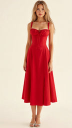 Women's Elegant Figure-Flattering Corset Midi Dress with Fitted Bodice and Flowing Skirt-Summer Dress-Red-S-