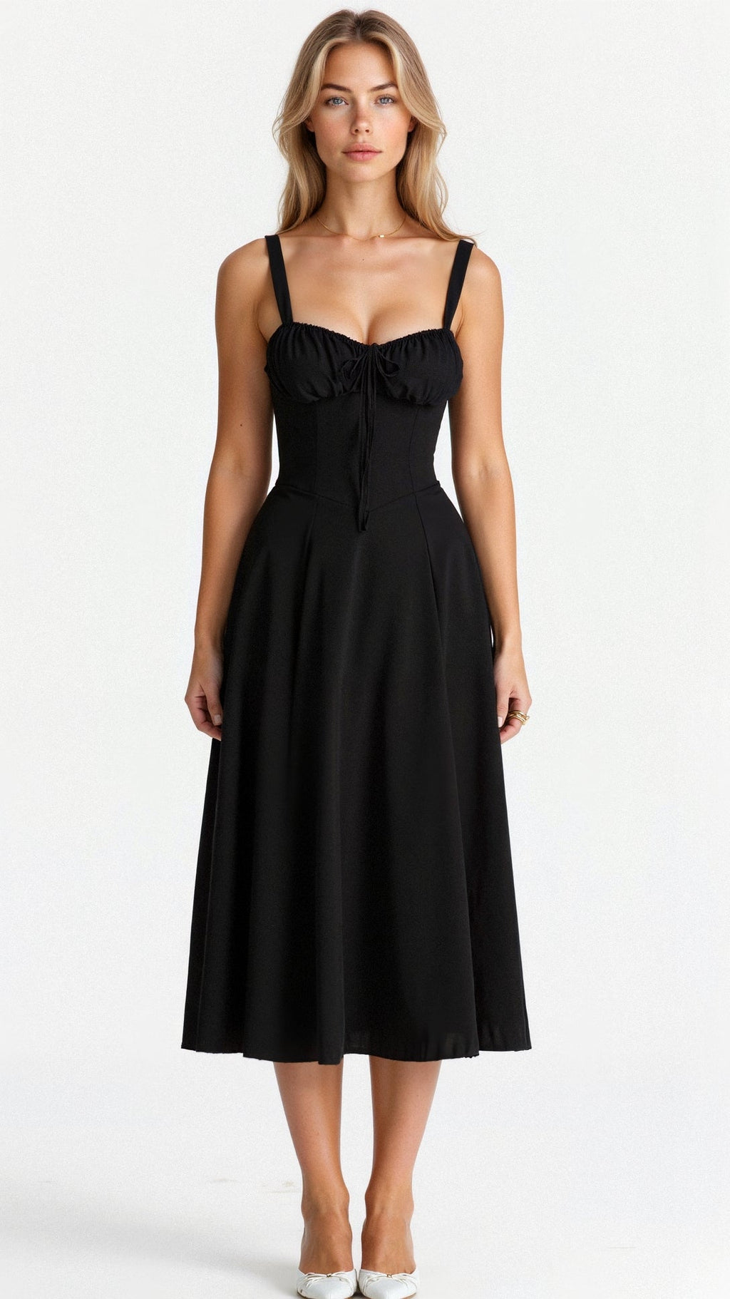 Women's Elegant Figure-Flattering Corset Midi Dress with Fitted Bodice and Flowing Skirt-Summer Dress-Black-S-