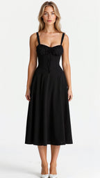 Women's Elegant Figure-Flattering Corset Midi Dress with Fitted Bodice and Flowing Skirt-Summer Dress-Black-S-