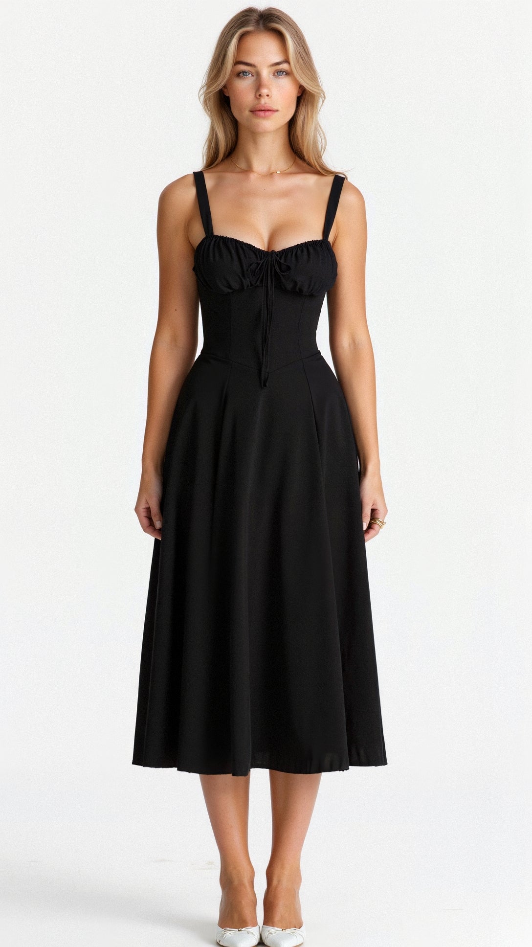 Women's Elegant Figure-Flattering Corset Midi Dress with Fitted Bodice and Flowing Skirt-Summer Dress-Black-S-