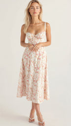 Women's Elegant Figure-Flattering Corset Midi Dress with Fitted Bodice and Flowing Skirt-Summer Dress-Pink-S-