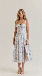 Women's Elegant Figure-Flattering Corset Midi Dress with Fitted Bodice and Flowing Skirt-Summer Dress-Blue-S-